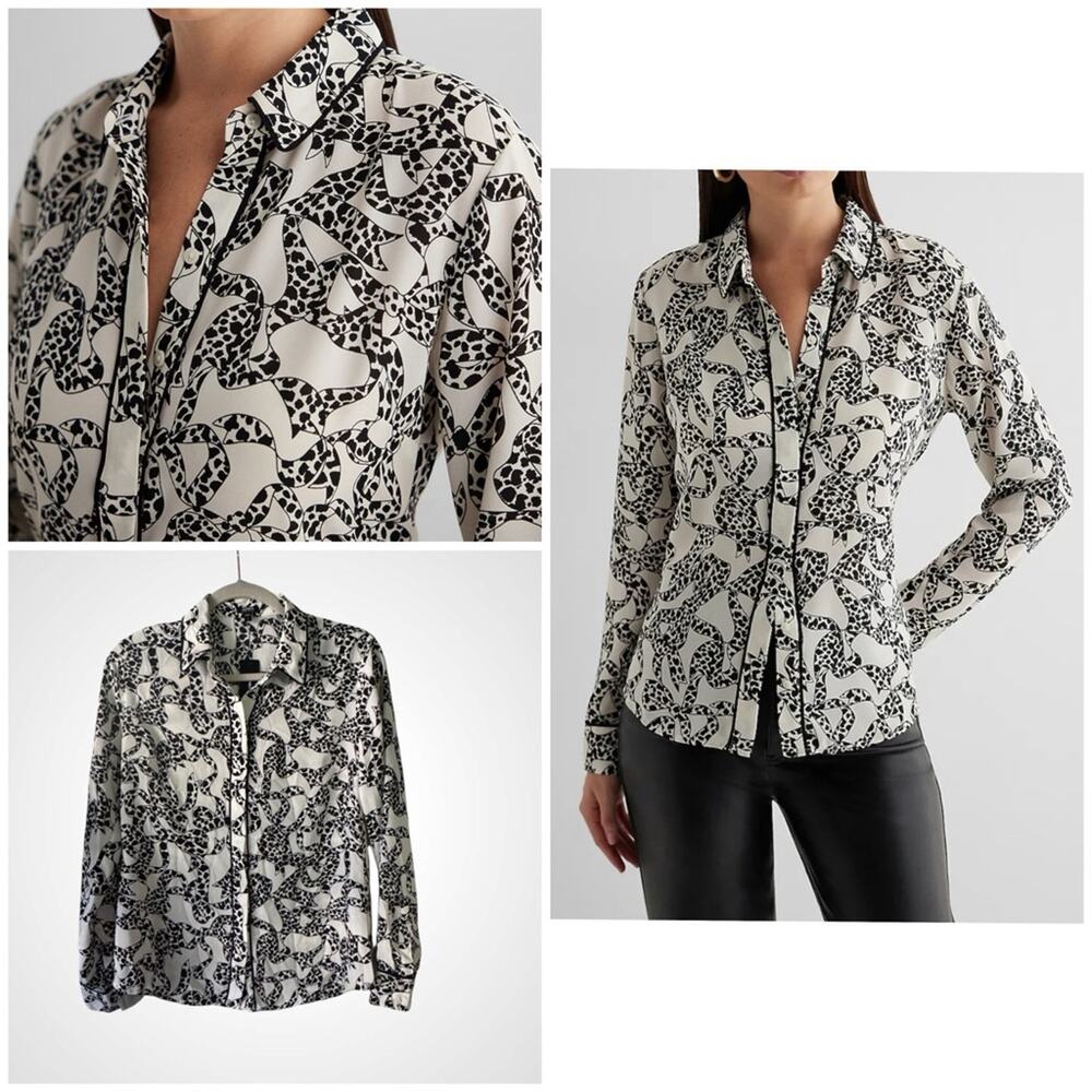 NEW Express Portifini Black and White Blouse Bow Snow Leopard Print Button Down